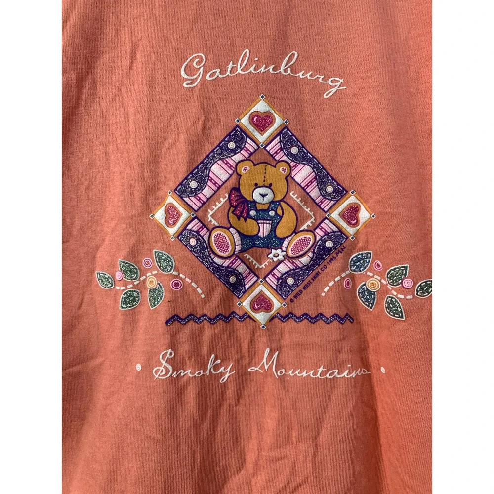 Vintage Smoky Mountains Shirt Pink Gatlinburg Jerzees Teddy Bear T-Shirt VTG L